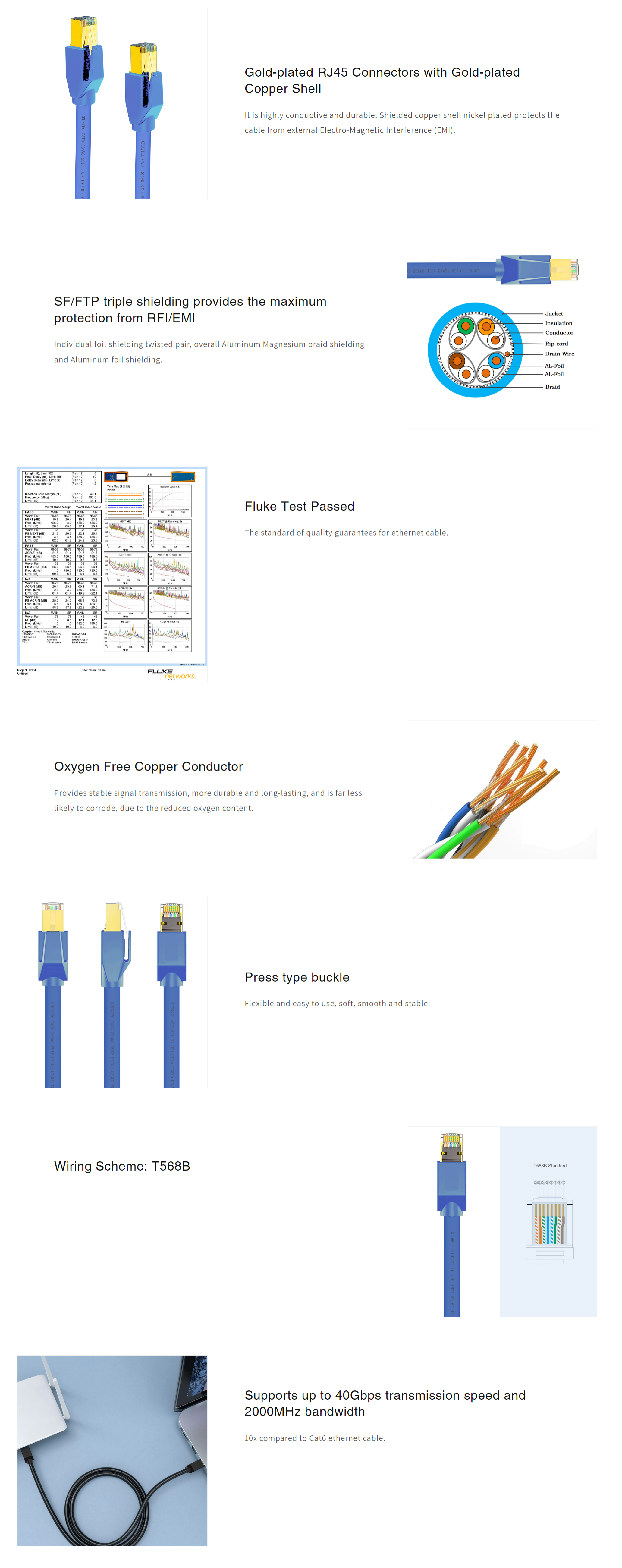 A large marketing image providing additional information about the product Cruxtec CAT8 0.3m 40GbE SF/FTP Triple Shielding Ethernet Cable Blue - Additional alt info not provided